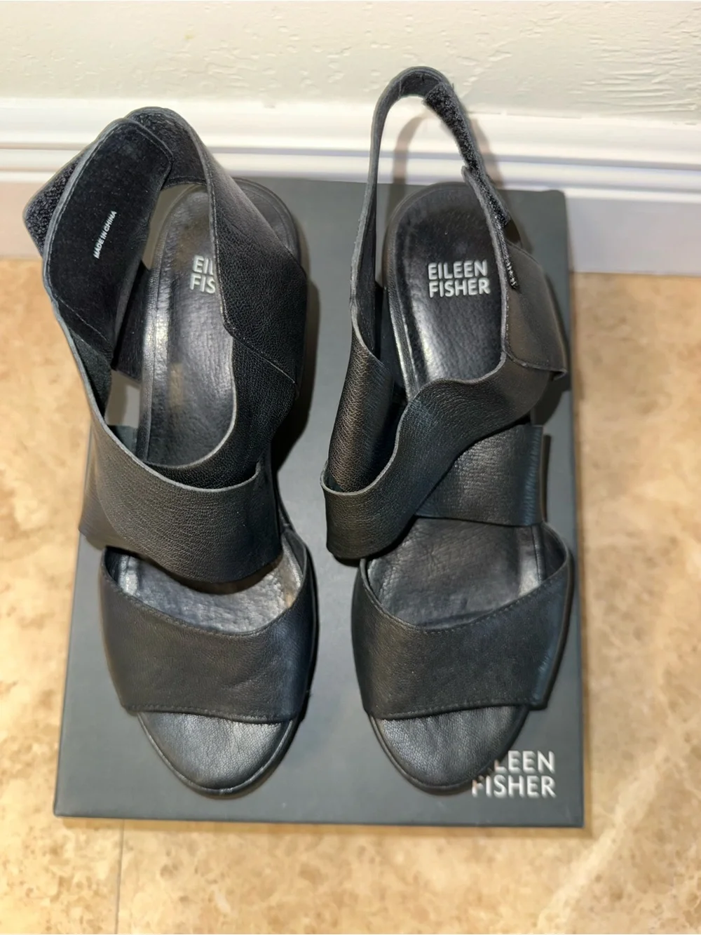 Eileen Fisher Black Leather Crossover Wedge Sandals